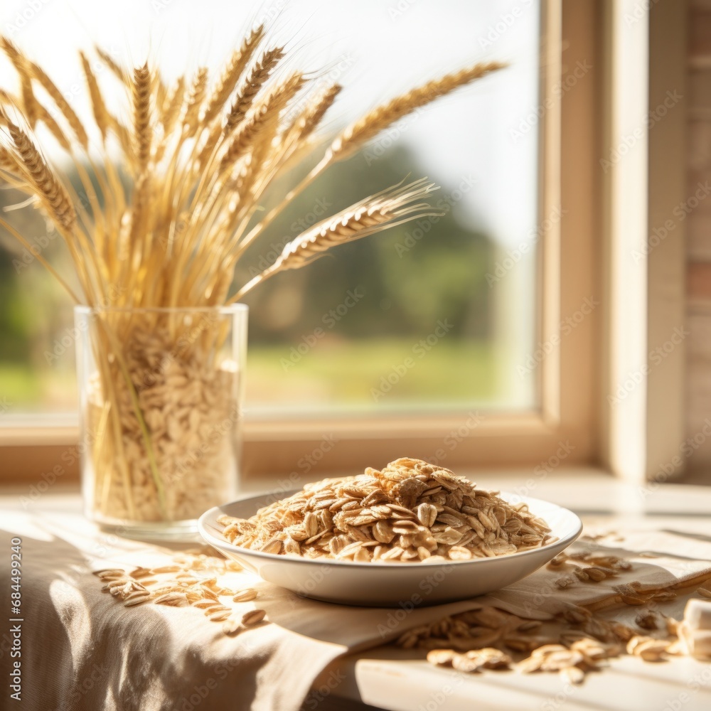 Poster wheat flakes and oats on the table in front of the window. generative ai.