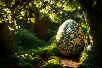 Obraz na płótnie Canvas An Easter egg concealed in a secret garden, surrounded by lush foliage and dappled sunlight filtering through the branches.