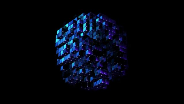 3D sphere of glowing neon cubes in dynamic motion. Abstract concept of database, information technology, and artificial intelligence. Cyber space style: rotation of sapphire AI sphere. Looped video