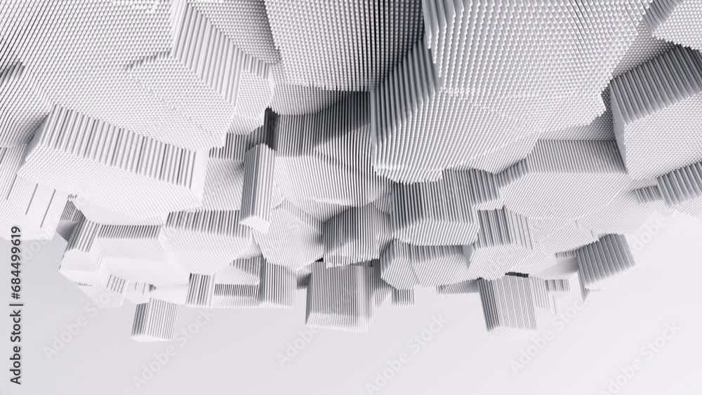 Poster big complex shape with blocks moving. 3d animation.