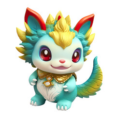 little animal dragon baby with Blue green and yellow feathers, 3D three-dimensional modeling, Fabric art, plush texture, Very cute, sweet smiling face, cute