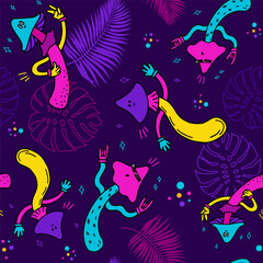 Mushroom pattern, doodle, retro style. A big mushroom party in the hippie style.
