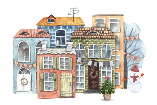 A hand painted watercolor illustration of a cozy street of an old European town. Brick houses, tiled roofs, snowman, Christmas winter trees and snow on a white background, not AI.