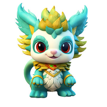 little animal dragon baby with Blue green and yellow feathers, 3D three-dimensional modeling, Fabric art, plush texture, Very cute, sweet smiling face, cute