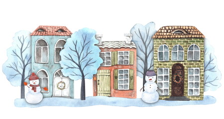 A hand painted watercolor illustration of a cozy street of an old European town. Brick houses, tiled roofs, snowman, winter trees and snow on a white background, not AI.