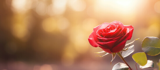 Beautiful red rose flower on nature bokeh background with empty copy space