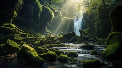 Stickers pour porte Rivière forestière A serene waterfall in a moss-covered gorge with the sun casting a soft glow