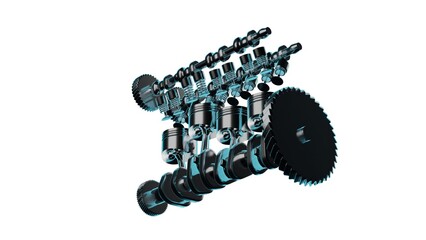 Close up detailed fully textured 3D render over white background of automotive motor with pistons, camshaft, valves and other mechanical components offering high performance
