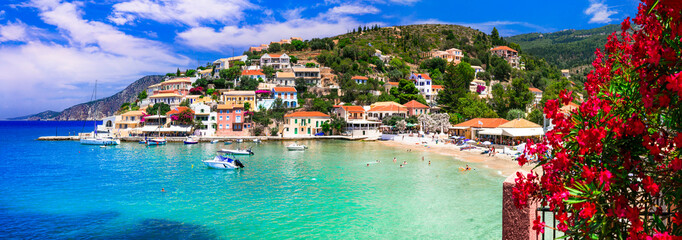 One of the most beautiful traditional greek villages - scenic Assos in Kefalonia (Cephalonia) Ionian islands , popular tourist destination in Greece - obrazy, fototapety, plakaty
