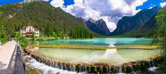 Most beautiful and scenic lakes of northern Italy. Lago di Dobbiaco in Val Pusteria, South Tyrol. Trentino-Alto Adige - obrazy, fototapety, plakaty