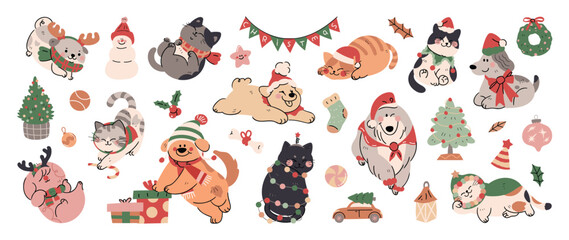 Merry christmas and happy new year concept background vector. Collection drawing of cute dog and cat with decorative scarf, hat. Design suitable for banner, invitation, card, greeting, banner, cover.  - obrazy, fototapety, plakaty