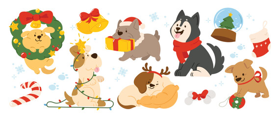 Merry christmas and happy new year concept background vector. Collection drawing of cute dog with decorative scarf, hat, wreath. Design suitable for banner, invitation, card, greeting, banner, cover. 