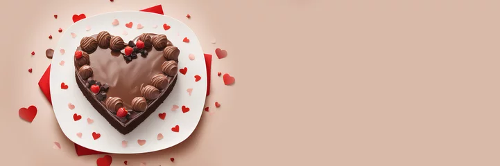 Fotobehang Heart-shaped chocolate cake for Valentine's Day. © Anna
