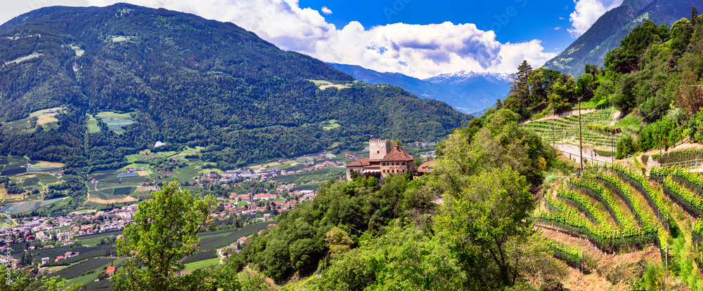 Sticker picturesque italian scenery. merano town and his castels. surrounded by alps mountains and vineyards