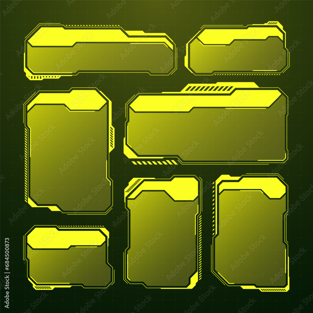 Poster Yellow futuristic HUD, UI elements. Sci-fi user interface text boxes, callouts. Warning message frames, information boxes template. Modern game interface layout in digital style. Vector illustration