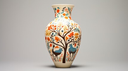 A ceramic vase adorned with intricate hand-painted patterns inspired by nature and folklore.