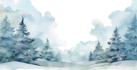 Vector watercolor background winter forest trees, snow, for design