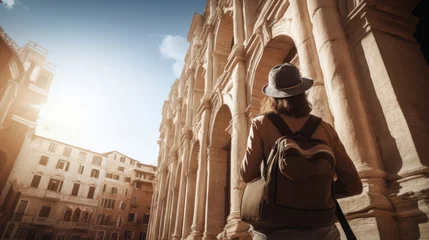 Foto op Canvas rearview backpacker traveller male man looking at old tradition architecture old town in europe sunrise vlog male travel influencer walking in old town famous travel tour destination © VERTEX SPACE