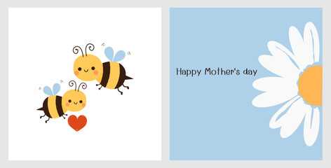 Happy mother's day or Valentine's day cards with bee cartoon and daisy flower on white and blue background vector illustration.