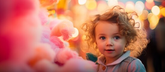 Fototapeta na wymiar Portrait of little toddler children kid eating cotton candy Young child Enjoying Some Candy Floss At Fun Fair cicus or amusement park themepark