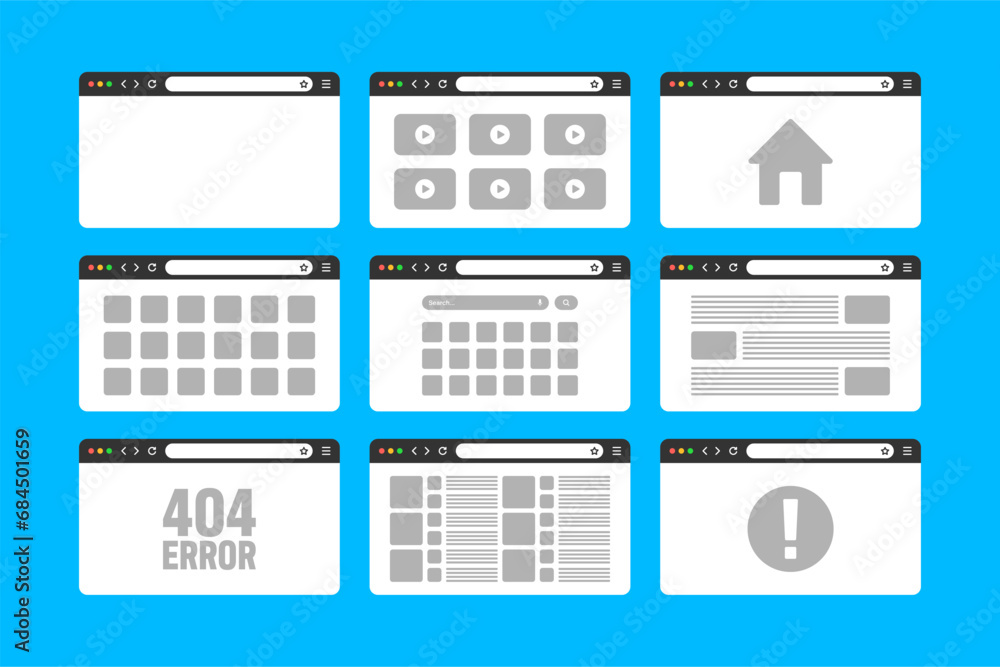 Poster web browser window, pages layout with toolbar and search field. modern website, internet page in fla