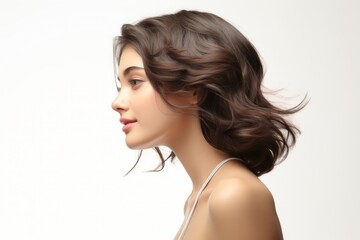 Fototapeta premium beautiful young freshness female woman portrait view profile photo stylish beauty hair and makeup glamorous elegance woman skincare hair design studio shot