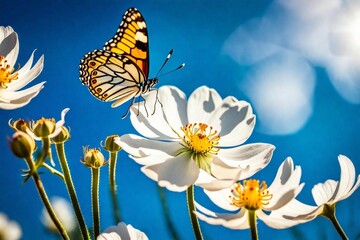Detail with shallow focus of white anemone flower with yellow stamens and butterfly in nature macro on background of blue sky with beautiful.