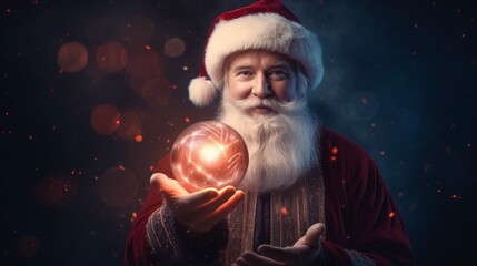 Happy Santa Claus holding glowing christmas ball, generative ai