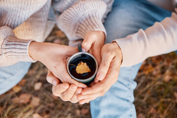 Two hands, male and female, hold a metallic cup of tea in autumn in nature. A small yellow birch...