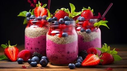 layered berry and chia seeds smoothies.