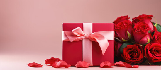 Valentine's Day concept. Gift box with ribbon and red roses on pink background