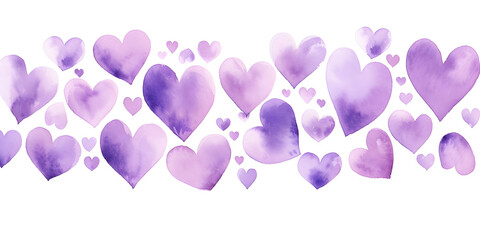 Abstract watercolor purple hearts on white background