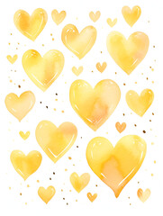 Abstract illustration with yellow watercolor hearts on white background