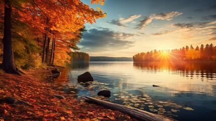 A tranquil lake surrounded by autumn foliage and the sun dipping below the trees