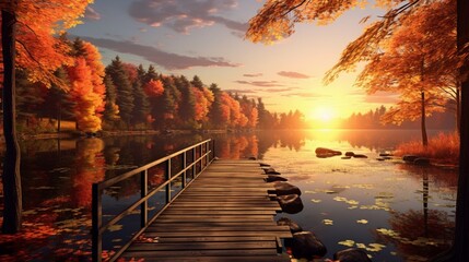 A tranquil lake surrounded by autumn foliage and the sun dipping below the trees, with a wooden dock