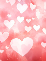 Abstract pink watercolor background with white hearts