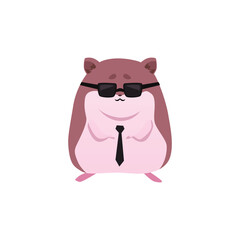 Cute brown serious hamster with white belly, funny fluffy pet in black glasses and tie vector small adorable home animal