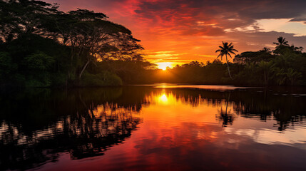 Obraz premium vivid colorful sunset on the lake, beautiful landscape, water reflection.