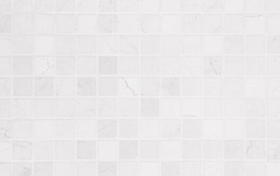 Fototapeta White tile wall chequered background bathroom texture. Ceramic brick wall and floor tiles mosaic background in bathroom and kitchen clean. Design pattern geometric with grid wallpaper floor elements.