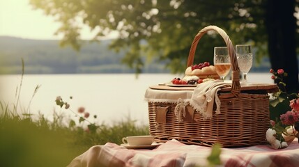 picnic basket on a table against the background of nature.