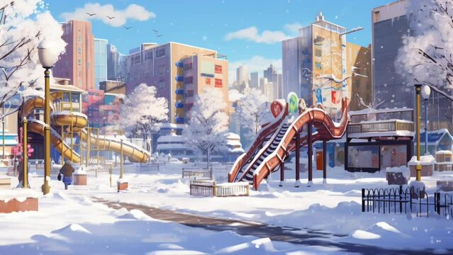 Kids playground in winter with snowfall atmosphere, anime or cartoon illustration style. seamless looping video background animation. Generated with AI
