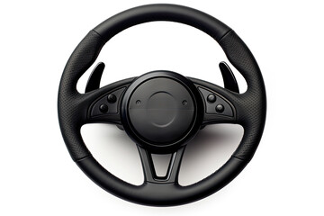a car steering wheel with black leather isolated on white background