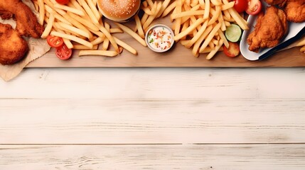 selection of take out and fast foods corner border background.