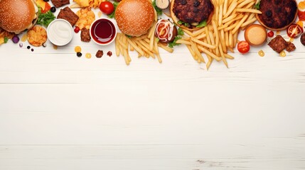 selection of take out and fast foods corner border background. - obrazy, fototapety, plakaty