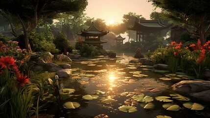 A tranquil pond in a lush garden with koi fish swimming as the sun sets