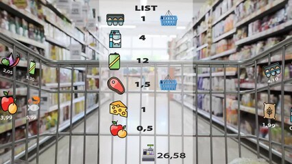 Futuristic shopping trolley in grocery store. Supermarket cart with holographic interface showing goods prices. Augmented reality. Animation. High quality 4k footage - Powered by Adobe