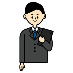 タブレットを持って立っている　スーツの男性　ビジネス　イラスト　上半身	