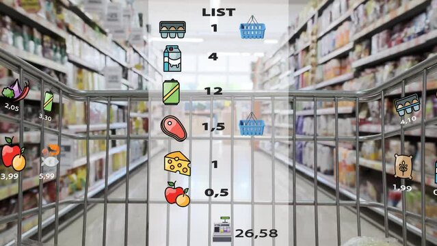 Futuristic shopping trolley in grocery store. Supermarket cart with holographic interface showing goods prices. Augmented reality. Animation. High quality 4k footage