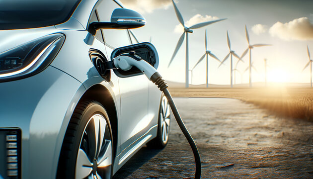 An Electric car recharges at an EV Power point with solar or wind power in the background.