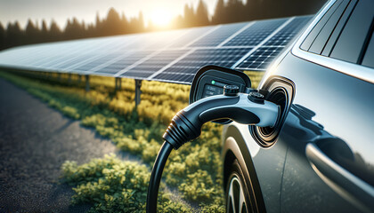 An Electric car recharges at an EV Power point with solar or wind power in the background.